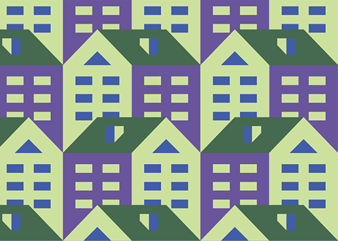Graphic of purple, blue, and dark green houses stacked on top of each other.