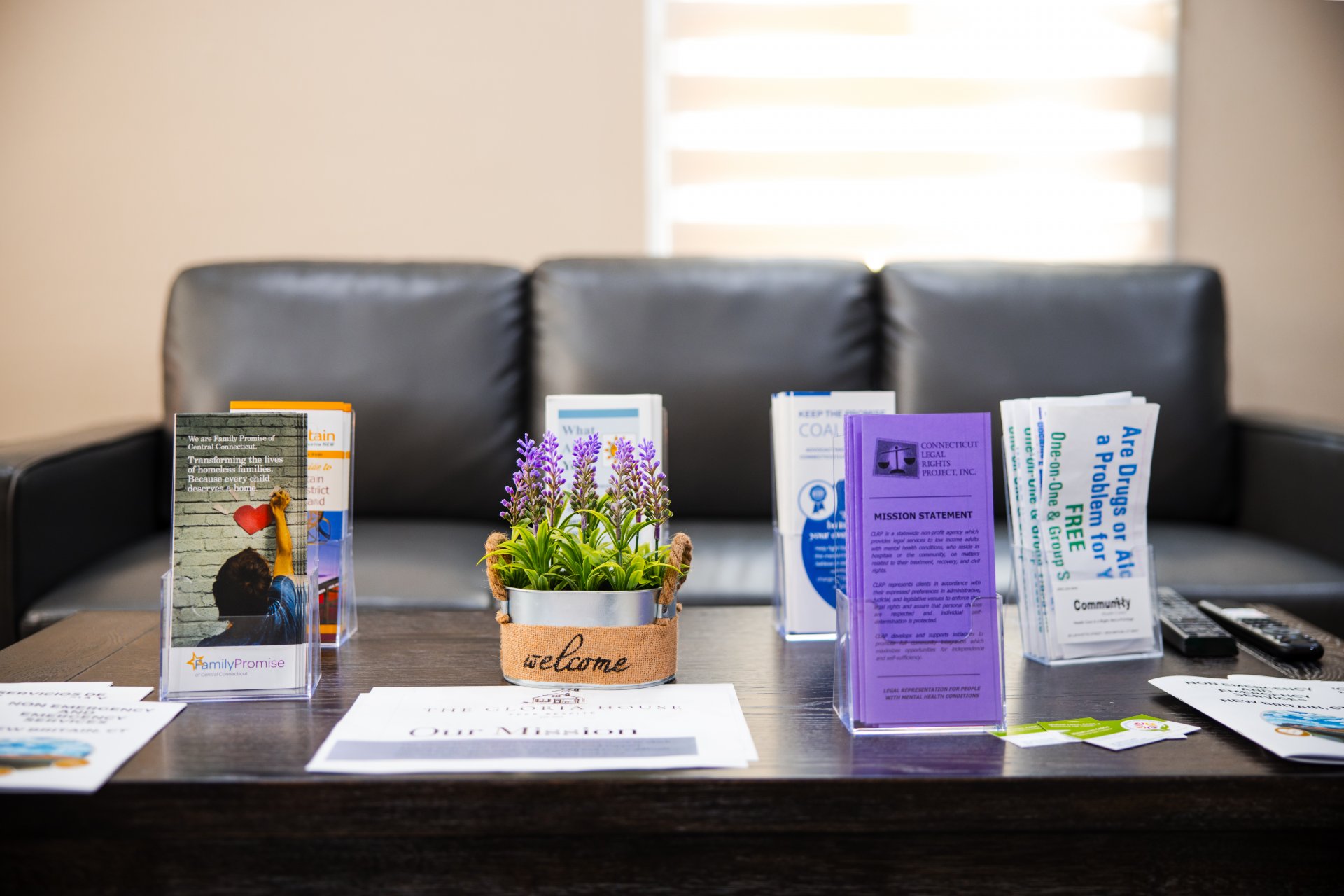 A coffee table with brochures, a small plant in a pot labeled "welcome," and a remote control, set in front of a gray sofa.